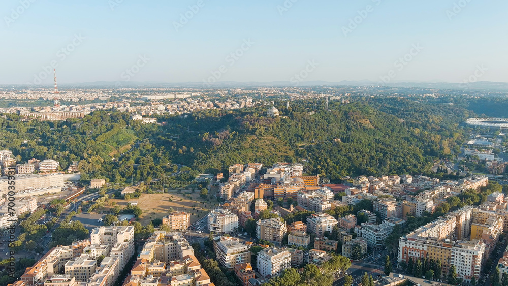 Rome, Italy. Top view of the roofs of the ancient city of Rome. Morning hours, Aerial View