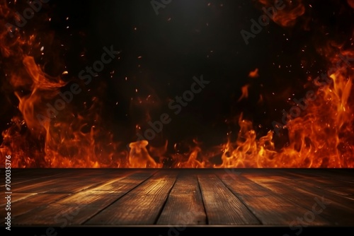 wooden table with Fire burning at the edge of the table, fire particles, sparks, and smoke in the air, with fire flames on a dark background to display products. generative ai. photo