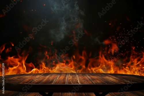 wooden table with Fire burning at the edge of the table, fire particles, sparks, and smoke in the air, with fire flames on a dark background to display products. generative ai.