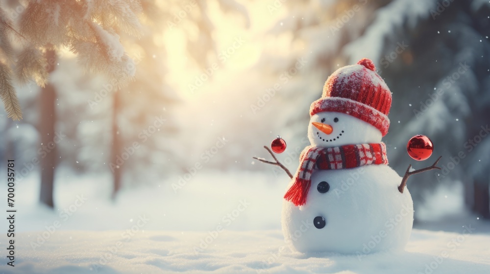 Snowman in winter forest. Christmas and New Year holidays background. Snowman in winter forest. Christmas and New Year holidays background.