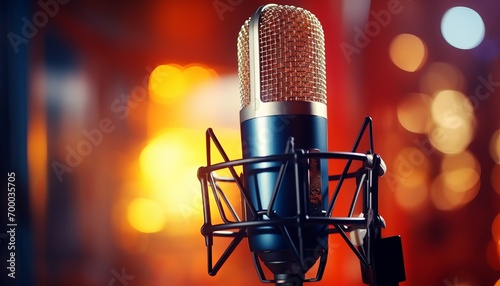 Studio condenser microphone on blurred background with audio mixer musical instrument concept