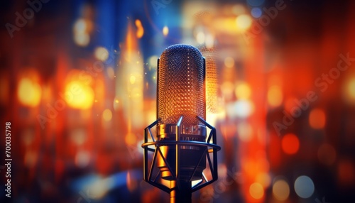 Studio condenser microphone with blurred background and audio mixer   musical instrument concept