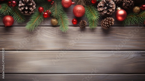 Christmas composition. Christmas fir tree branches, gifts, pine cones on wooden white rustic background. Flat lay, top view. Copy space. Banner backdrop. Generative AI technology