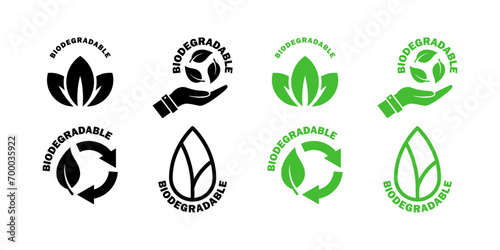 Biodegradable icons set. Ecological succession. Icons of reusable plastic bio packaging. Vector icons photo