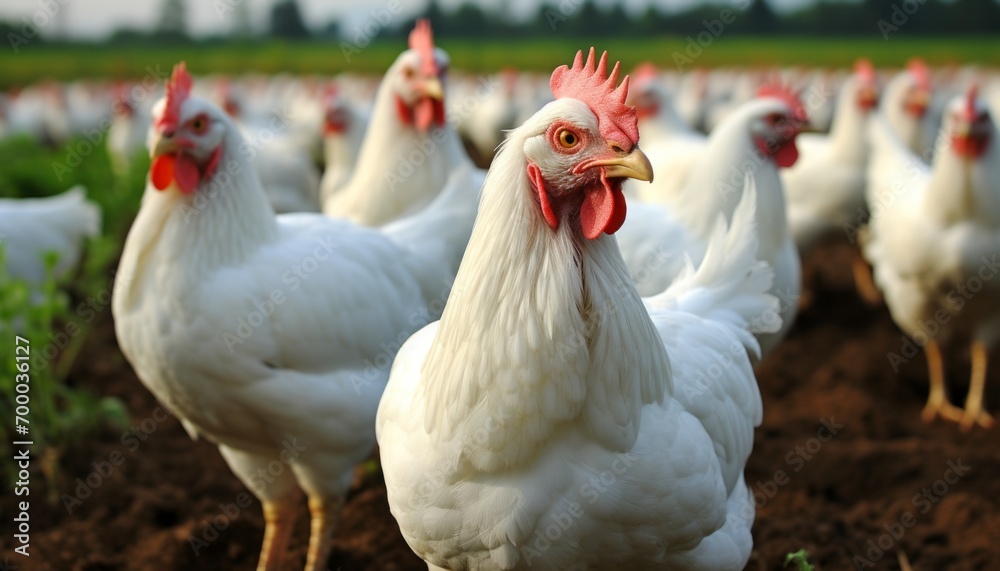 Majestic ecological chicken on a spacious domestic farm with chickens freely roaming at the factory Majestic ecological chicken on a spacious domestic farm with chickens freely roaming at the factory