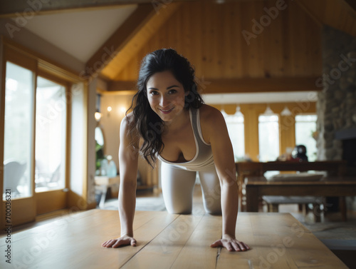 Woman smiling in yoga clothes doing push ups