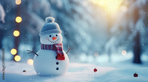 Snowman in winter forest. Christmas and New Year holidays background. © panu101