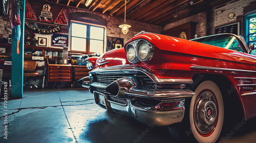 Classic car in a vintage garage - obrazy, fototapety, plakaty 