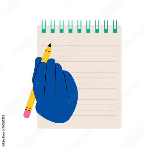 Hands writing in spiral notepad. Colorful vector illustration