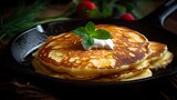 Delicious fluffy pancake on plate, close-up, homemade breakfast dish generative ai