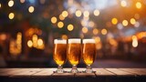 Five glasses of craft beer on the table Christmas market background, bokeh