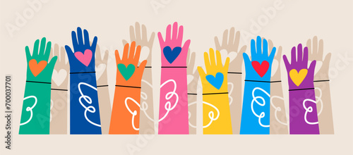 Hands raised up hold hearts. The concept of sharing love. Colorful vector illustration