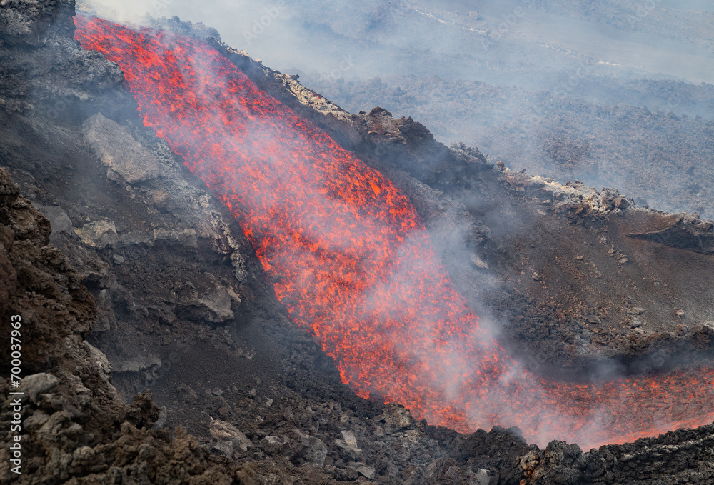 Eruptive vent with lava emis at the top of the Etna volcano