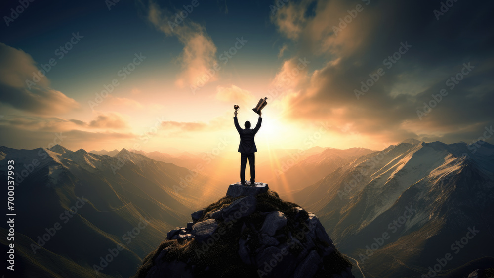 Peak Triumph: Victorious Man Celebrates with Trophy at Sunset