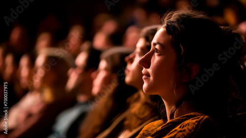 Woman sitting among the audience in theater engrossed in performance, shallow focus. 