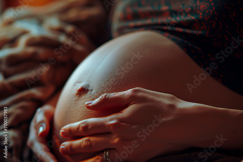 Pregnant woman feeling baby kick, intimate prenatal moment.