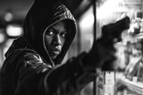Crime, monochrome portrait African American sweaty young guy robber thief pointing with weapon standing in store and looking at camera