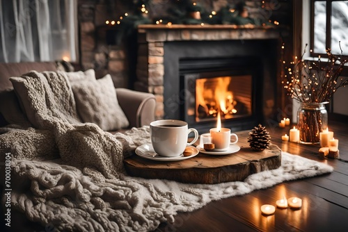 A cozy living room with mug on the table in winter with fireplace in room