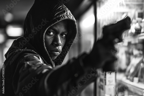 Crime, monochrome portrait African American sweaty young guy robber thief pointing with weapon standing in store and looking at camera photo