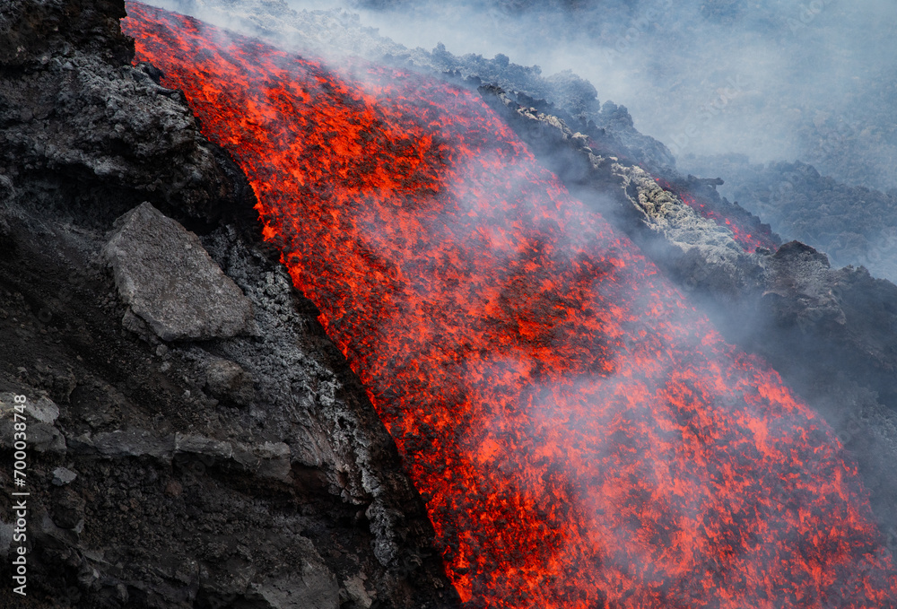 Eruptive vent with lava emis at the top of the Etna volcano