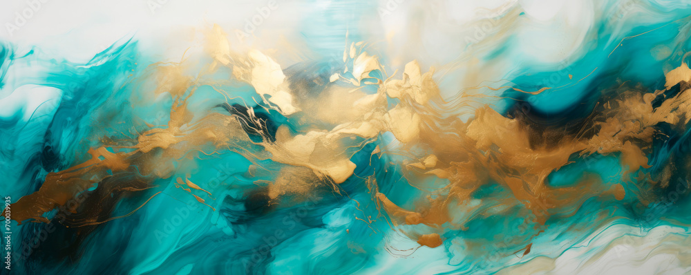 Liquid marble background in gold, green, blue, colors spread in acrylic paint and ink. Abstract elegant painting on the wall in the house as decoration. Trendy stylish background for web. Banner