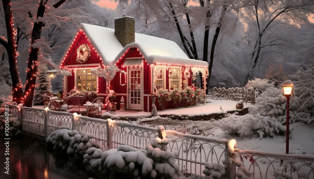Naklejka premium Enchanting winter wonderland cozy christmas cottage with festive decorations and snowy surroundings