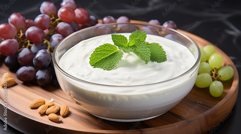 Vegetable yogurt with grape.dessert is in a bowl on the white table. Vegetable yogurt with grape.dessert is in a bowl on the white table.