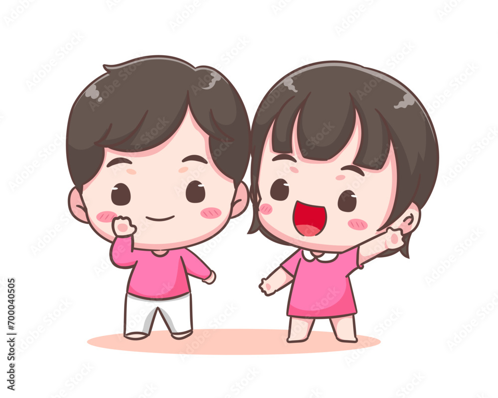 Cute lover couple spending time together. Boy and girl with greeting pose. Valentines day and relationships concept design. Chibi cartoon style vector illustration Cute lover couple spending time together. Boy and girl with greeting pose. Valentines day and relationships concept design. Chibi cartoon style vector illustration