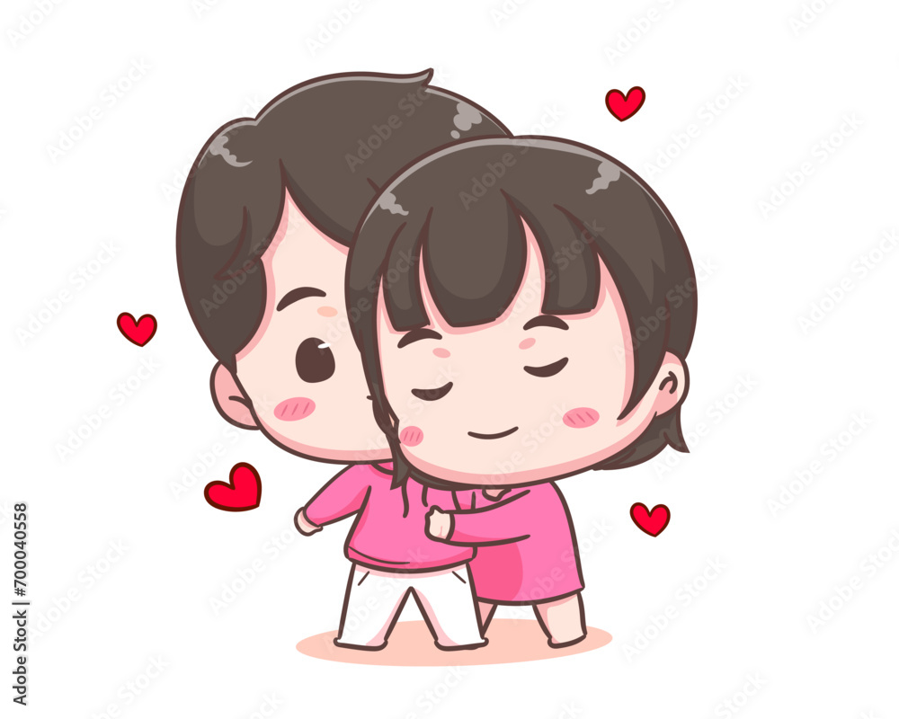 Cute lover couple hugging. Boy and girl embrace share intimate close tender moment together. Valentines day and relationships concept design. Chibi cartoon style vector illustration Cute lover couple hugging. Boy and girl embrace share intimate close tender moment together. Valentines day and relationships concept design. Chibi cartoon style vector illustration