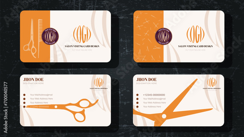Salon visiting card design with Premium brand identity for corporate director, executives, employees. Professional logotype, unique hairstyles. Minimal presentation, elegant, and stationary layout.
