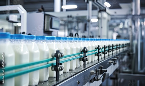 Conveyor Belt Filled With Rows of Glass Bottles Filled With Milk
