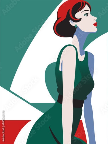 Beautiful woman in a green dress with a short hairstyle. Woman in a summer dress. Flat minimalistic retro vector. Vintage pop art illustration.