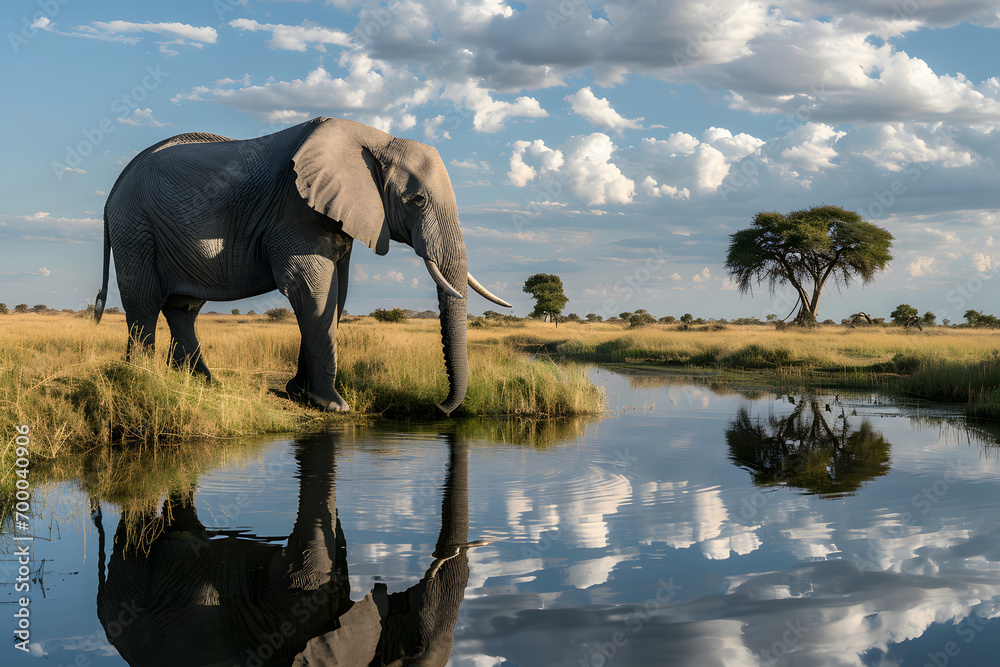 Fototapeta premium Picture of a large elephant standing near a river.