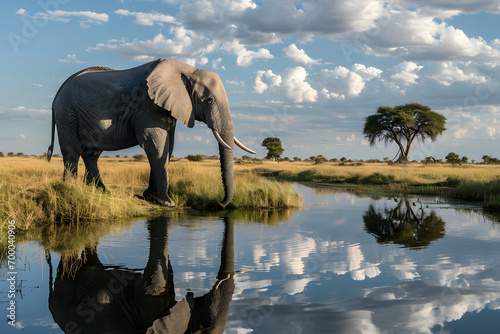 Picture of a large elephant standing near a river.