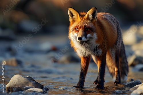 a fox is walking along a rocky shoreline