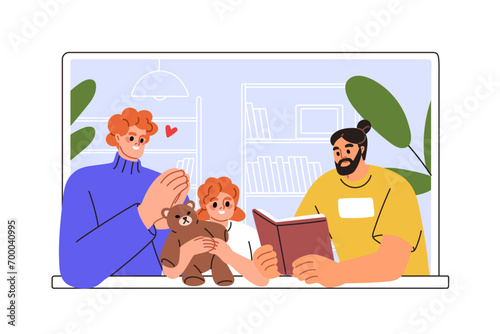 Happy family reading book together. Parents and kid with fairytale. Mother, father, daughter at home, apartment window. Mom, dad, girl at leisure. Flat vector illustration isolated on white background