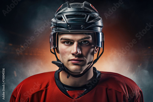 dramatic portrait of caucasian male hockey player in helmet and sportive uniform.