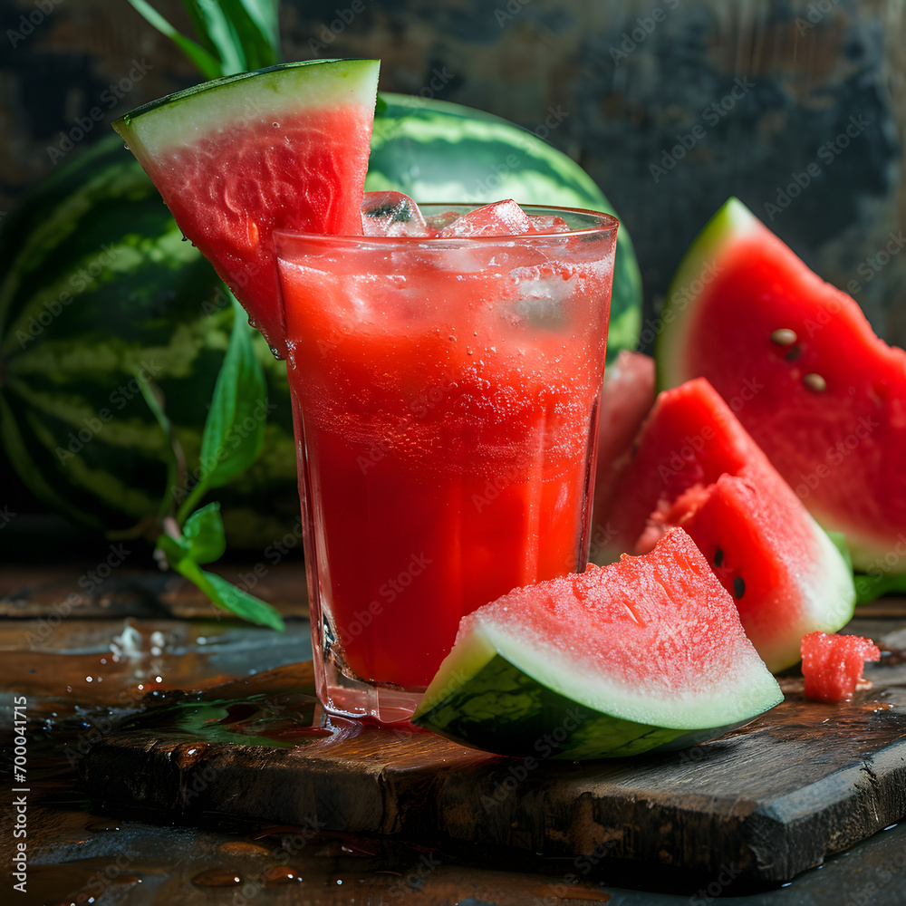 Fresh watermelon juice with ice in a glass. Slices of watermelon on the table.Fresh watermelon juice with ice in a glass. Slices of watermelon on the table. Fresh watermelon juice with ice in a glass. Slices of watermelon on the table.Fresh watermelon juice with ice in a glass. Slices of watermelon on the table.