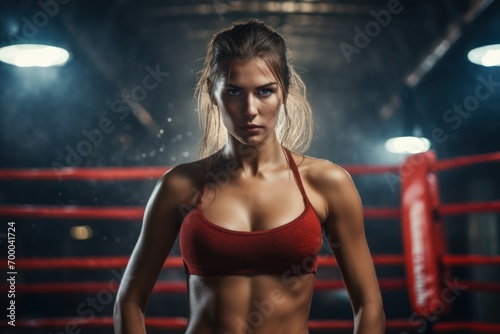 Courageous Woman boxer ring sport. Gym training. Generate Ai