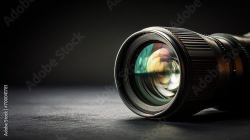Cropped Close-up of Lens Reflections on a black background with copy space. Mirror optics for professional photo and video shooting, SLR camera. photo