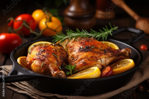 Scrumptious whole roast chicken with crispy skin, cooked to perfection in a sizzling pan