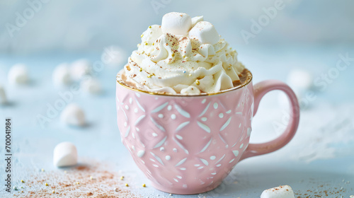 Cute ceramic pink mug with hot cocoa, airy marshmallows in whipped cream on a table with copy space. Pastel colors, sweet hot drink, coffee shop banner.