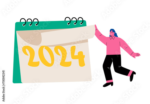 New start, working project plan or reminder concept. Business woman turning page on calendar 2024. Flat vector illustration isolated on white background