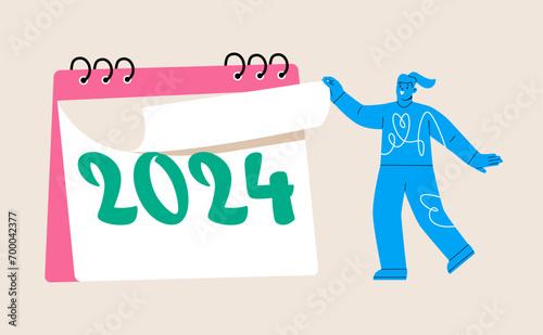 New start, working project plan or reminder concept. Woman turning page on calendar 2024. Colorful vector illustration