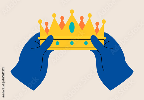 Raised hands hold a crown. Colorful vector illustration