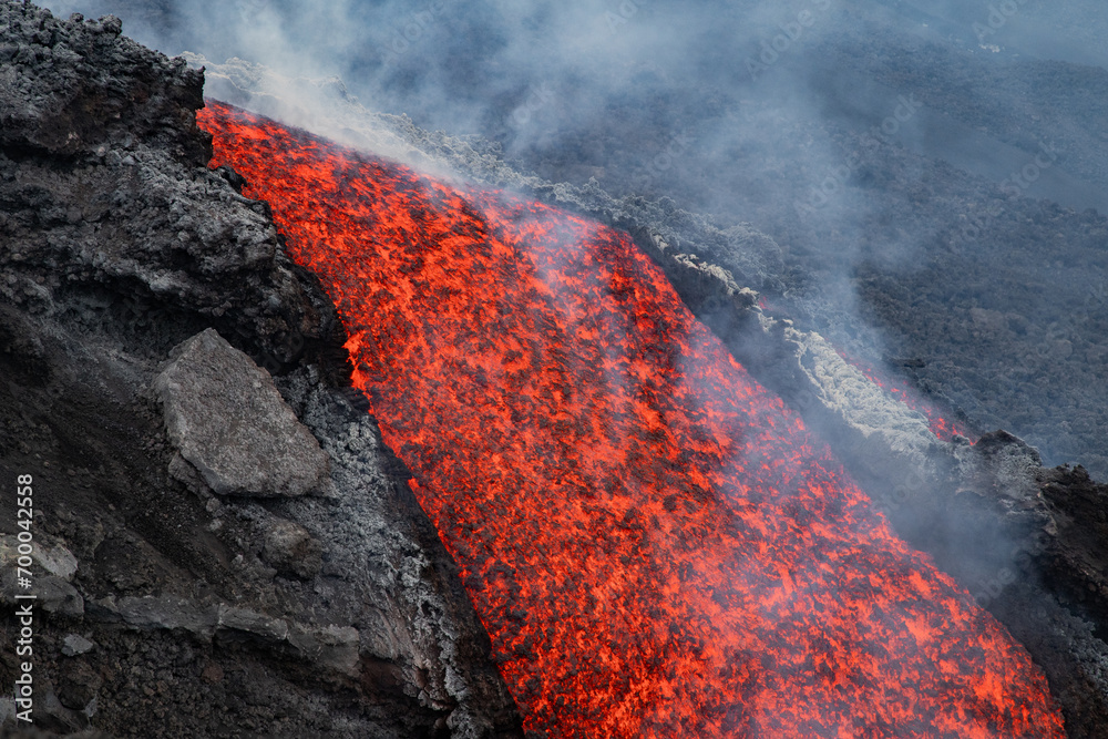 Eruptive vent with lava emis at the top of the Etna volcano