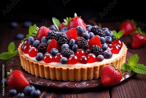 Delicious Fruit Tart with Fresh Juicy Berries and Decorations