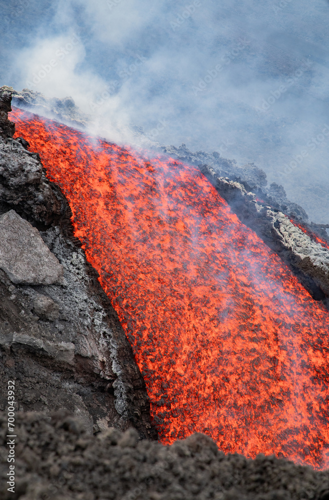Eruptive vent with lava emis at the top of the Etna volcano