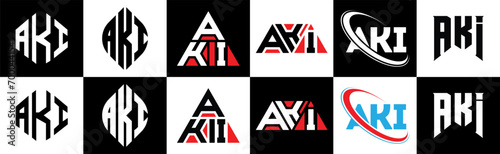 AKI letter logo design in six style. AKI polygon, circle, triangle, hexagon, flat and simple style with black and white color variation letter logo set in one artboard. AKI minimalist and classic logo photo