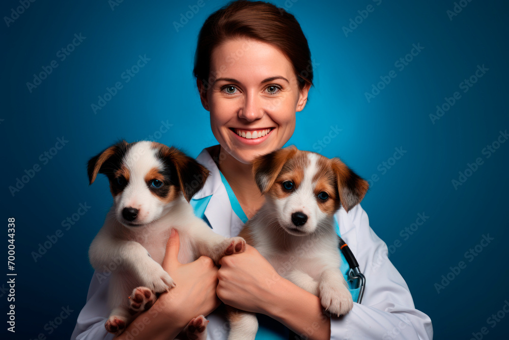 Doctor woman veterinarian in medical suit. holding two happy puppies in his arms
